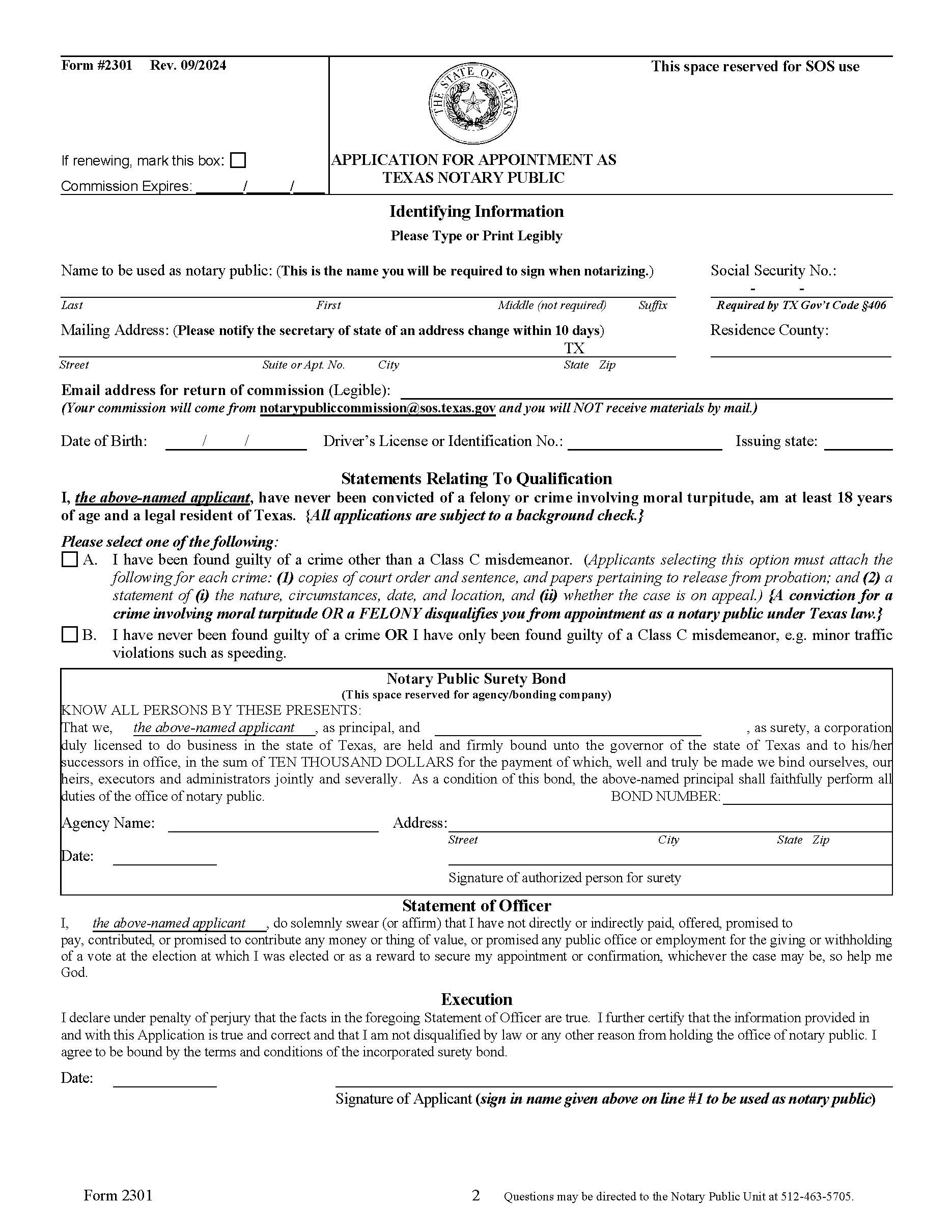 Application For Appointment As Texas Notary Public {2301} | Pdf Fpdf Docx | Texas