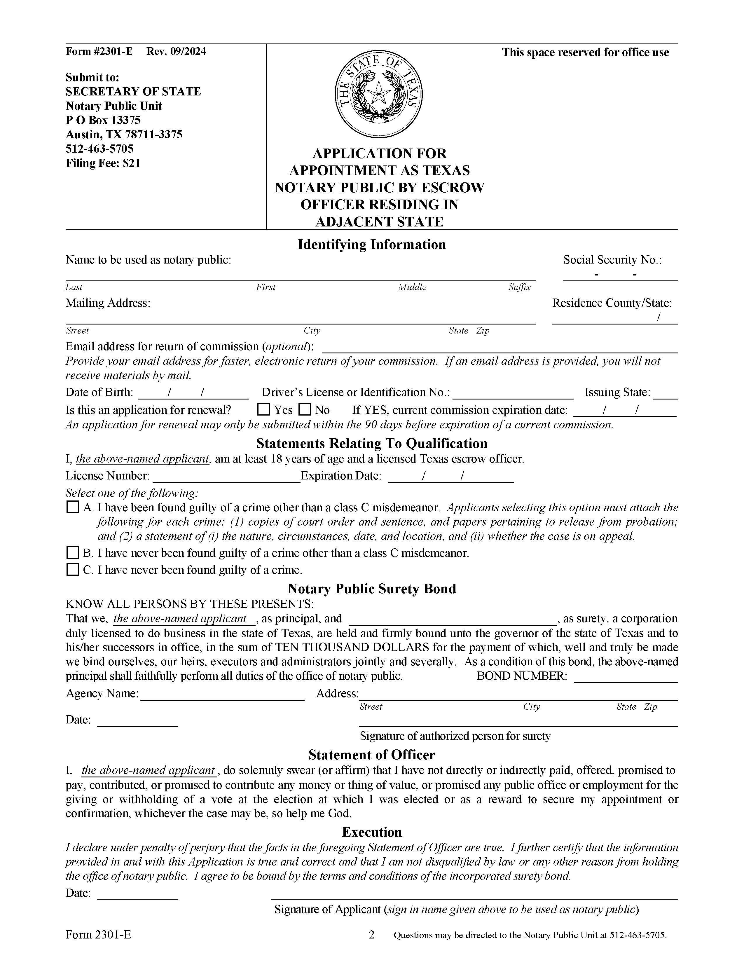 Application For Appointment As Texas Notary Public By Escrow Officer Residing In Adjacent State  {2301-E} | Pdf Fpdf Doc Docx | Texas