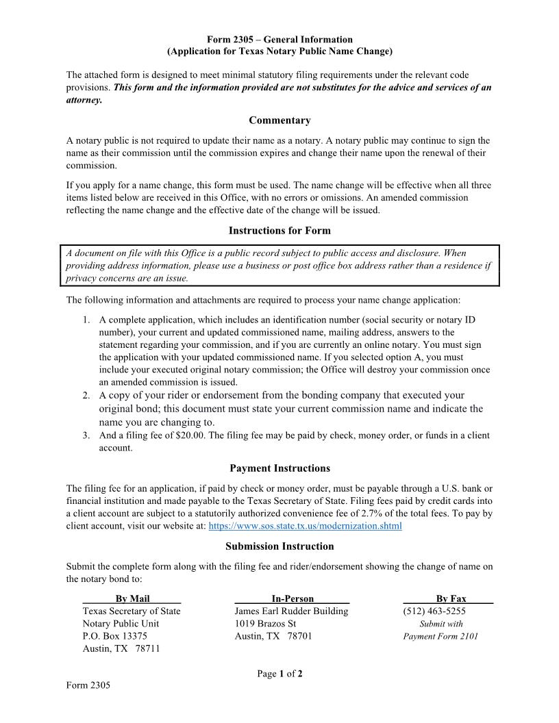 Application For Notary Public Name Change {2305} | Pdf Fpdf Doc Docx | Texas
