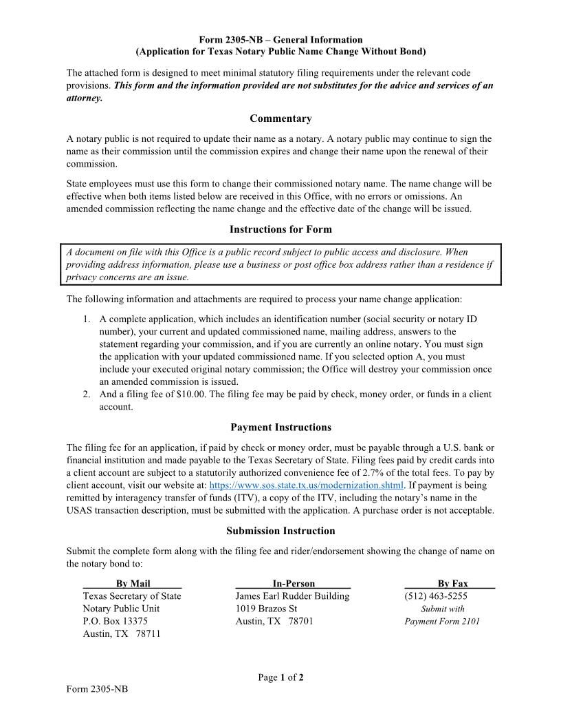 Application For Notary Public Name Change Without Bond {2305-NB} | Pdf Fpdf Doc Docx | Texas