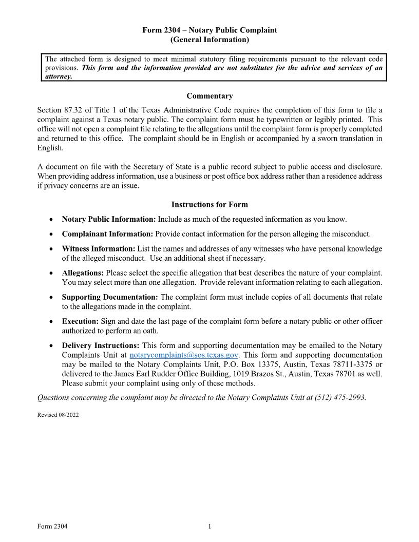 Notary Public Complaint {2304} | Pdf Fpdf Doc Docx | Texas