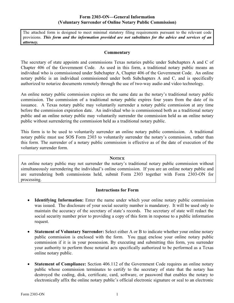 Voluntary Surrender Of Online Notary Public Commission {2303-ON} | Pdf Fpdf Docx | Texas