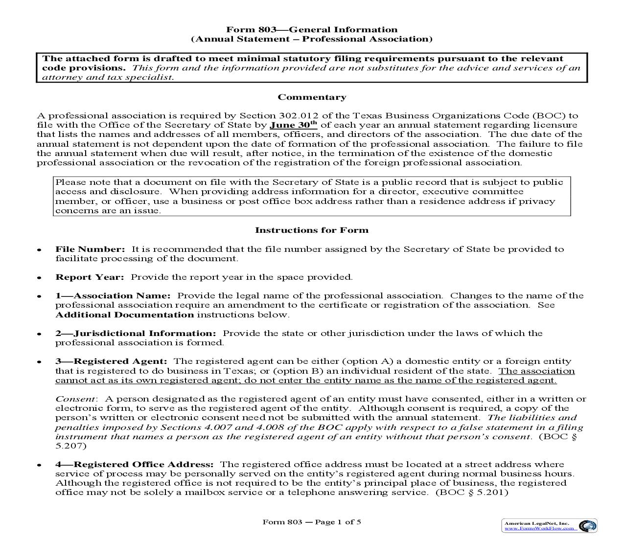 Annual Statement Of A Professional Association {803} | Pdf Fpdf Doc Docx | Texas