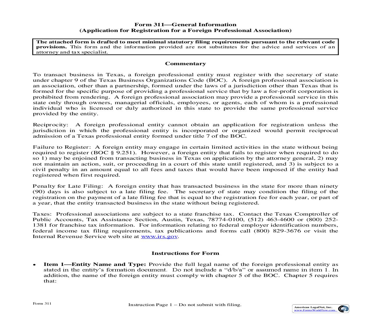 Application For Registration Of A Foreign Professional Association {311} | Pdf Fpdf Doc Docx | Texas