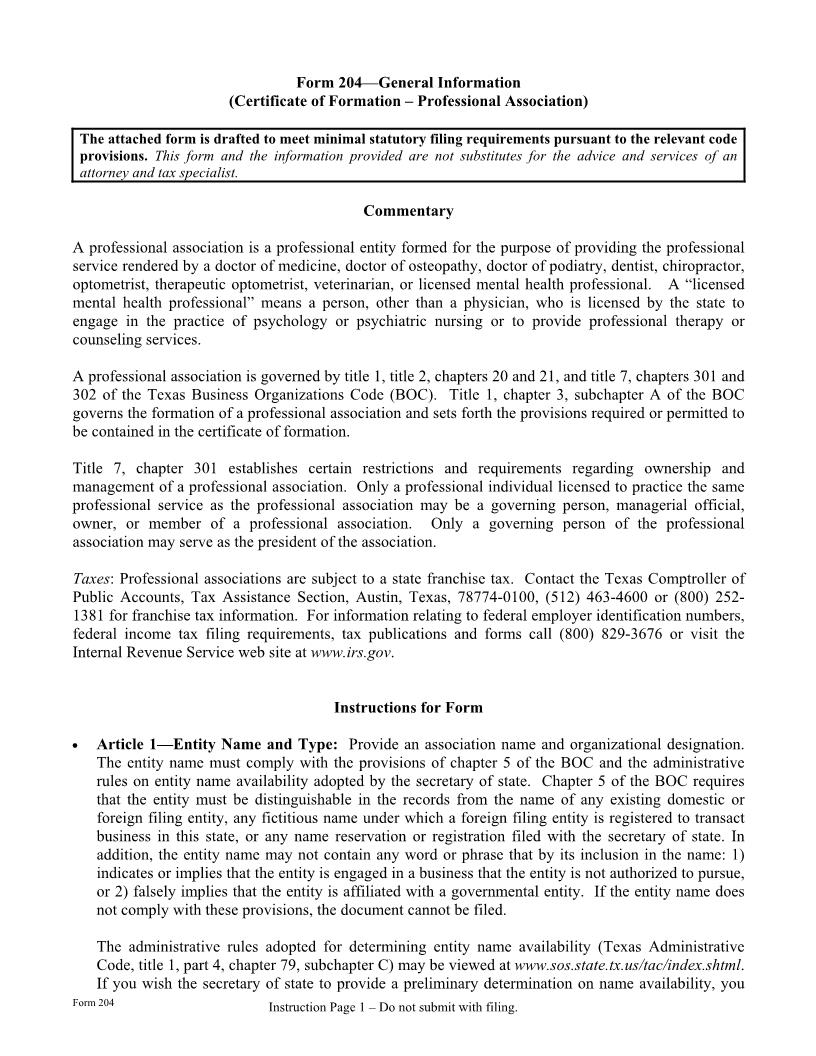 Certificate Of Formation-Professional Association {204} | Pdf Fpdf Doc Docx | Texas