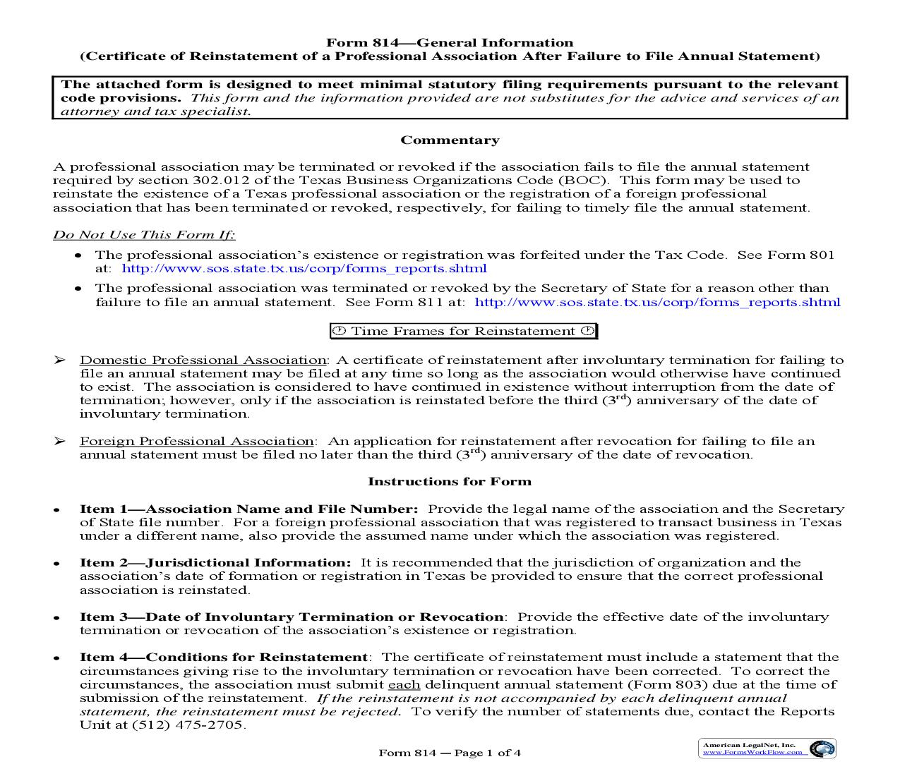 Certificate Of Reinstatement After Failure To File Annual Statement {814} | Pdf Fpdf Doc Docx | Texas