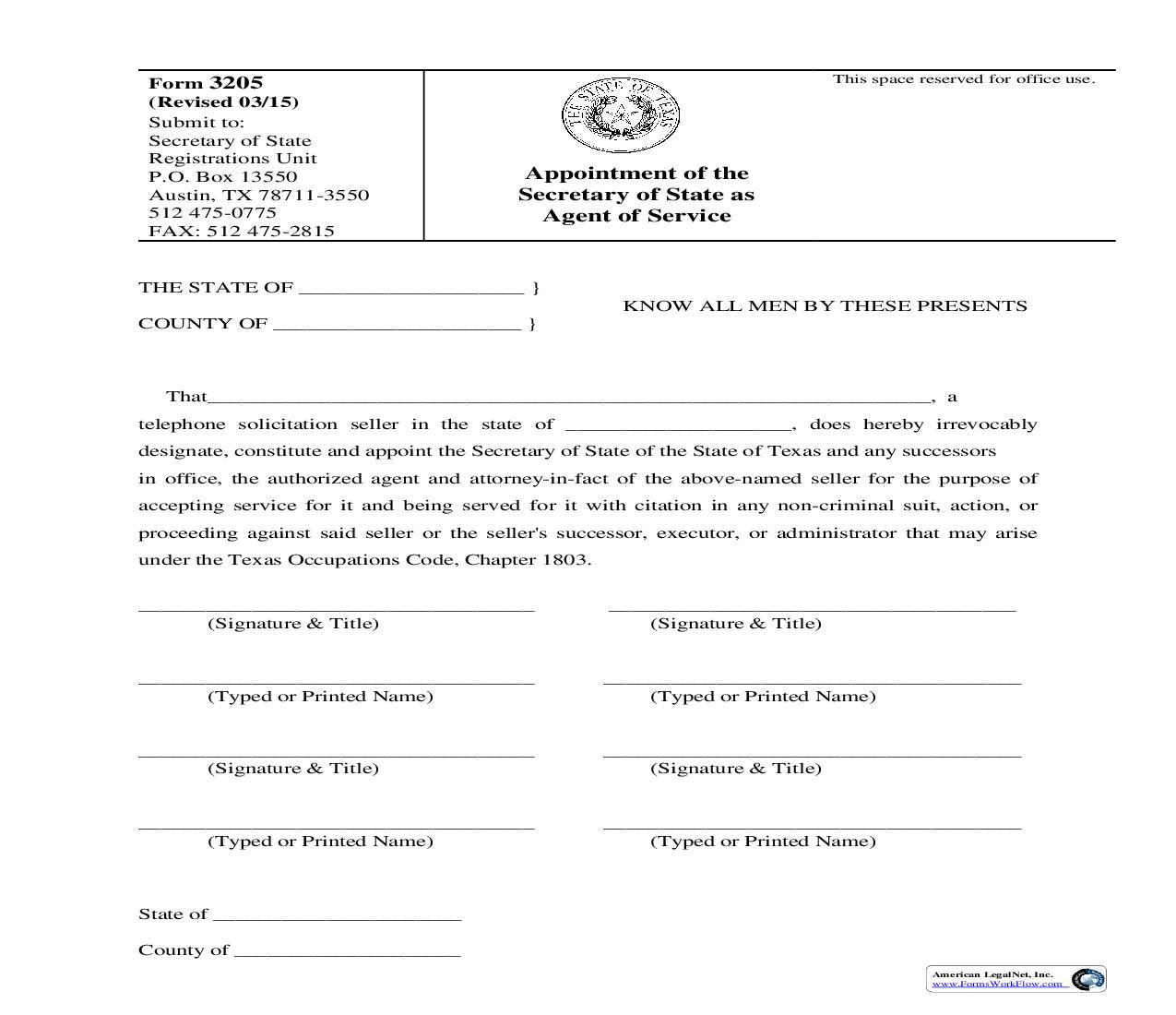 Appointment Of The Secretary Of State As Agent Of Service {3205} | Pdf Fpdf Doc Docx | Texas