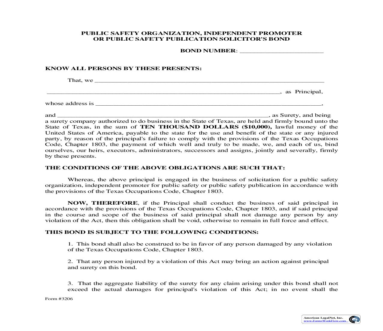 Public Safety Organization Solicitors Bond {3206} | Pdf Fpdf Doc Docx | Texas