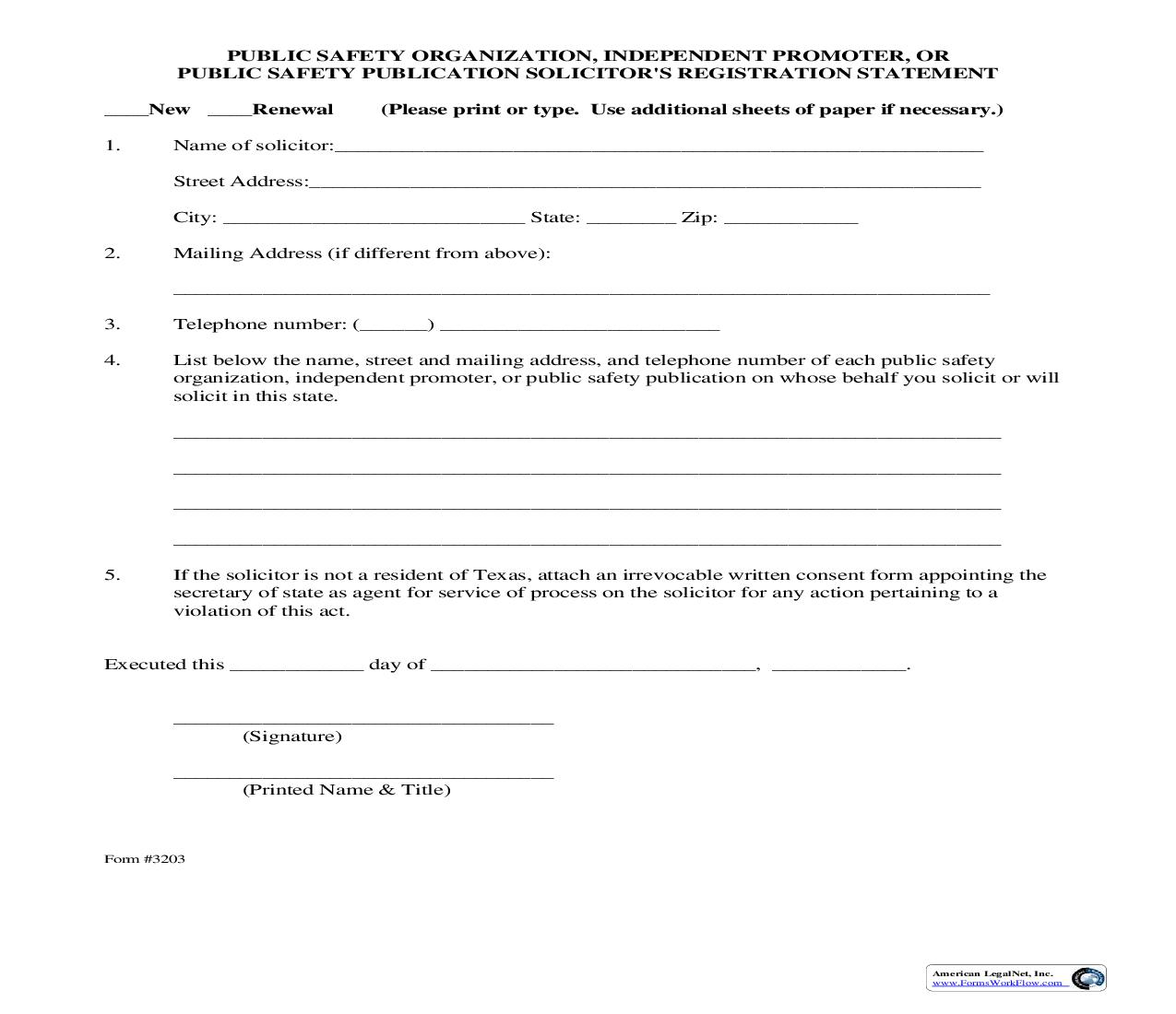 Public Safety Organization Solicitors Registration Statement {3203} | Pdf Fpdf Doc Docx | Texas