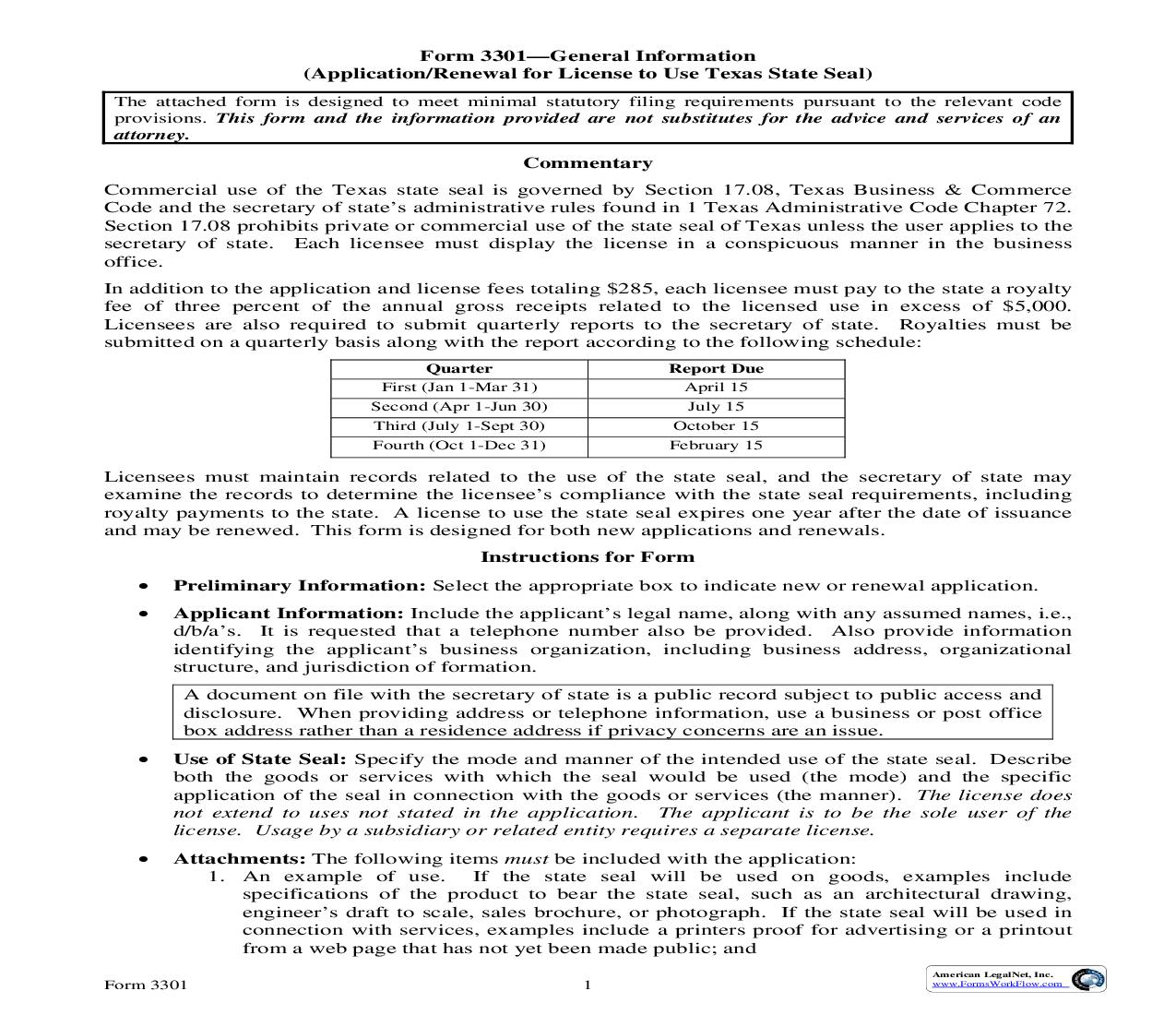 Application Renewal For License To Use Texas State Seal {3301} | Pdf Fpdf Doc Docx | Texas