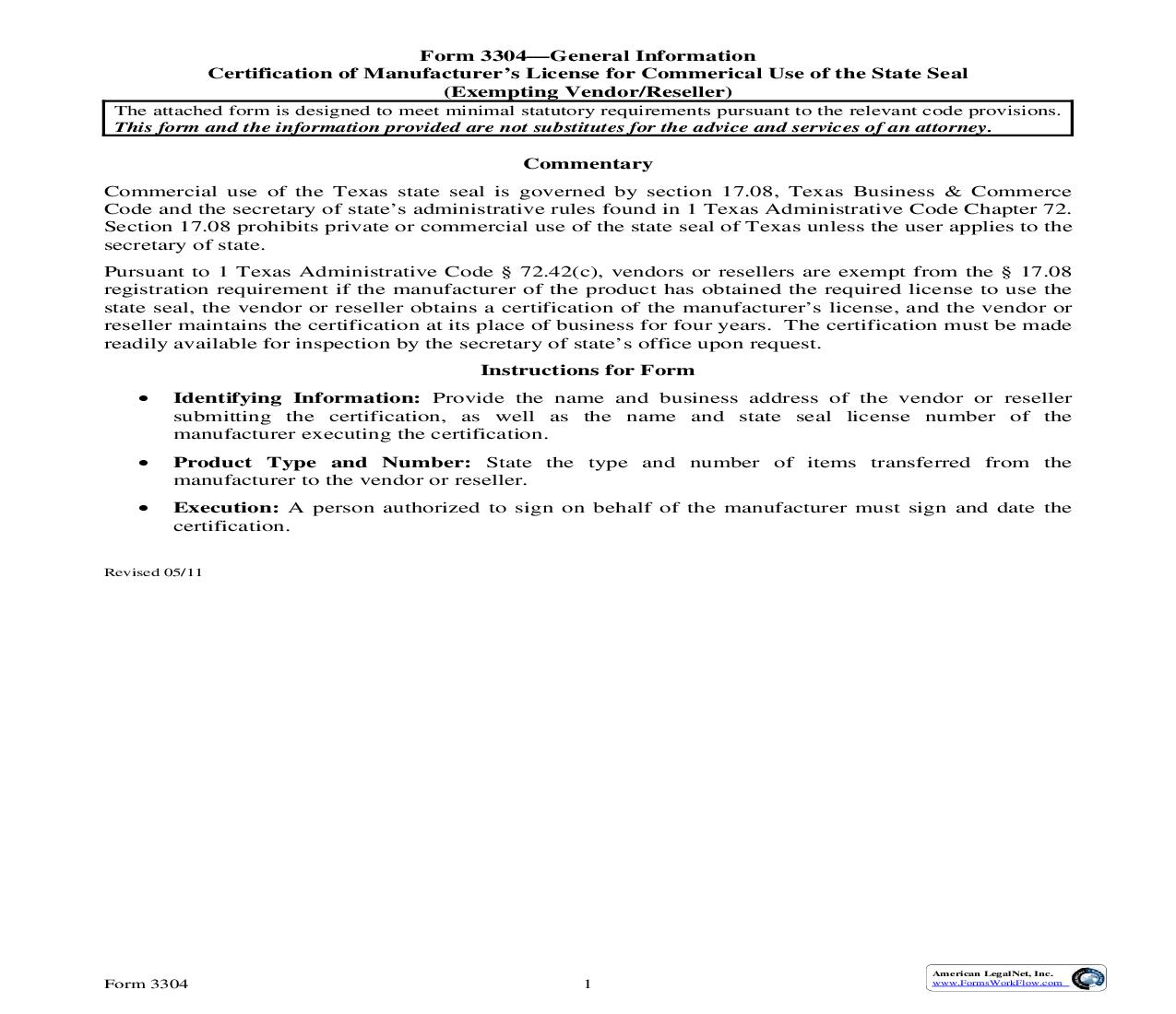 Certification Of Manufacturers License For Commercial Use Of State Seal {3304} | Pdf Fpdf Doc Docx | Texas