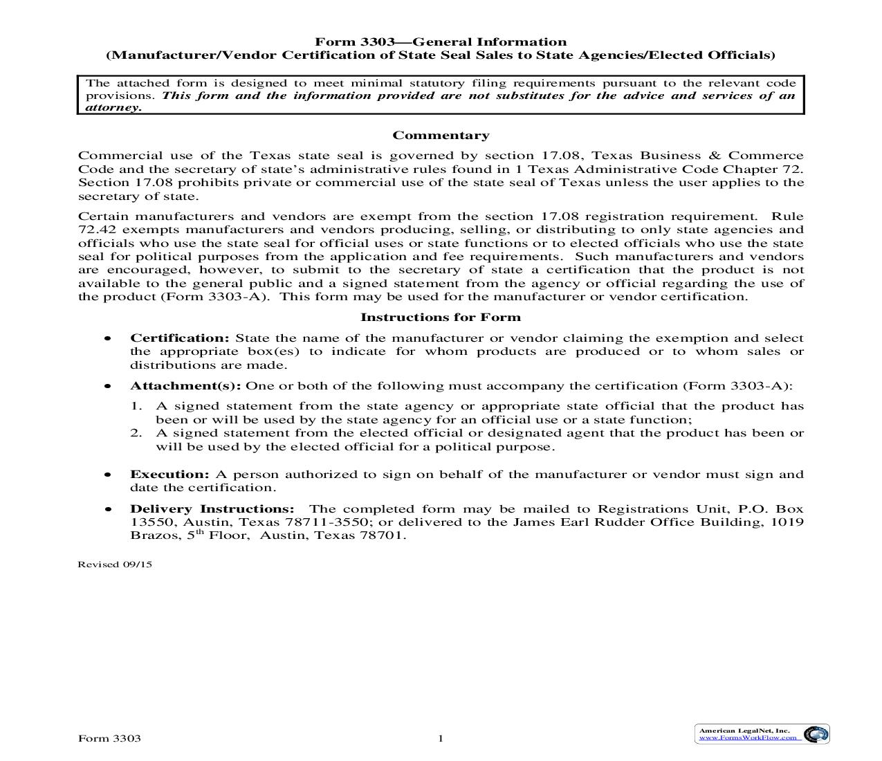 Manufacturer Certification Of State Seal Sales To Agencies {3303} | Pdf Fpdf Doc Docx | Texas