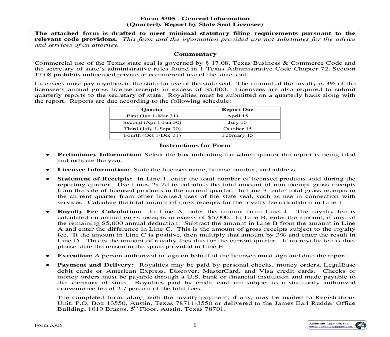 Quarterly Report By State Seal Licensee {3305} | Pdf Fpdf Doc Docx | Texas