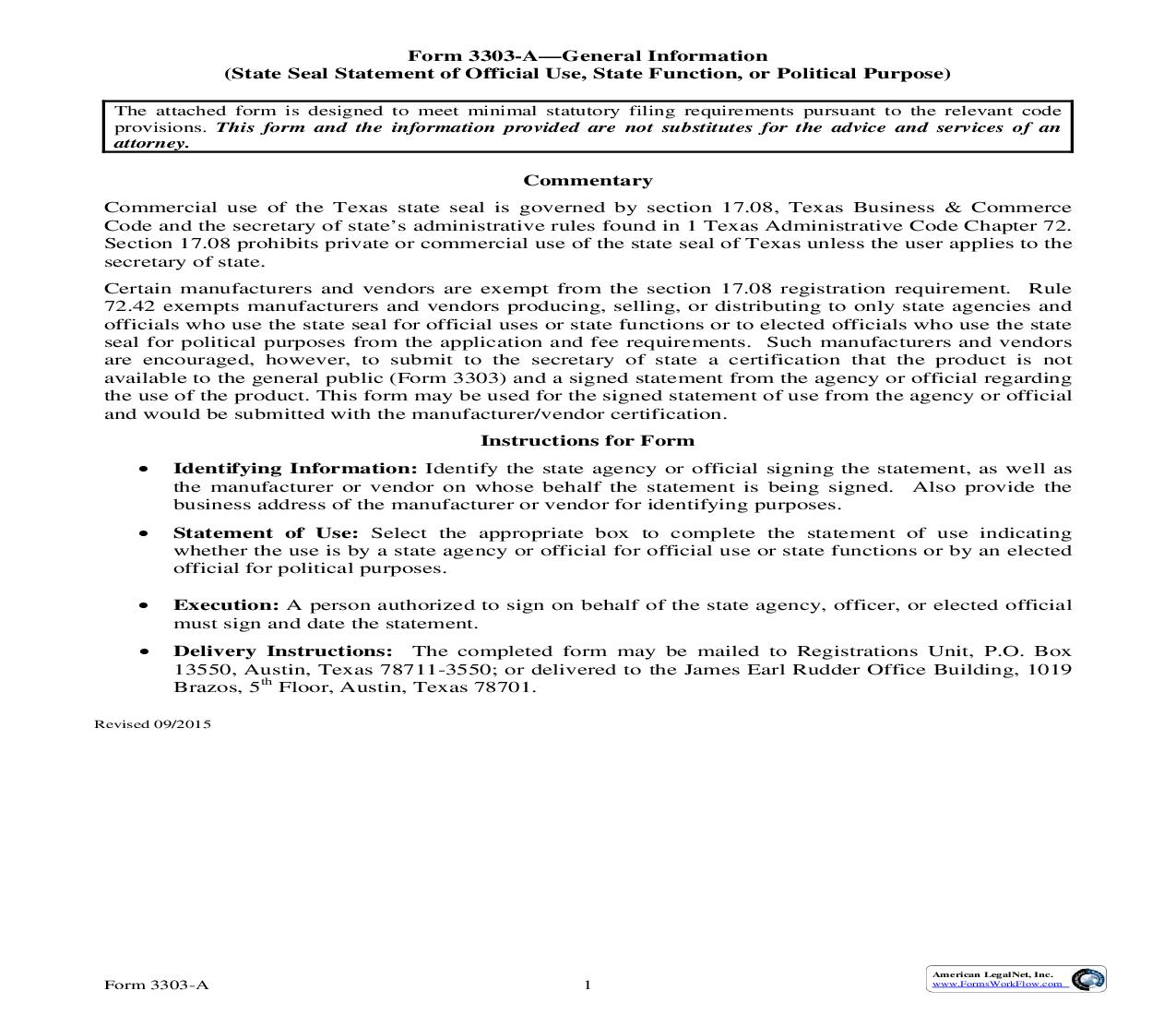 State Seal Statement Of Official Use , State Function, Political Purpose {3303-A} | Pdf Fpdf Doc Docx | Texas