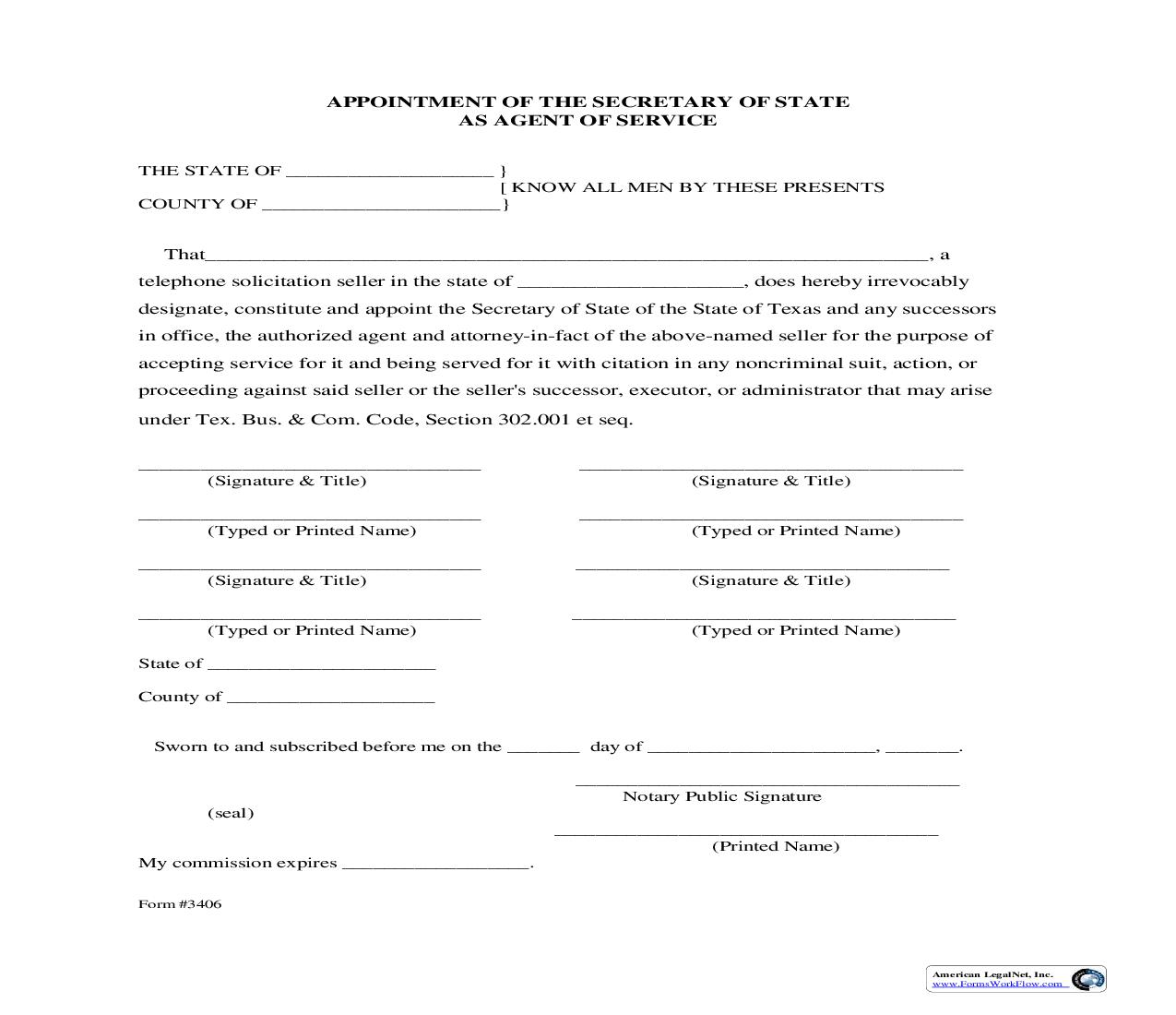 Appointment Of The Secretary Of State As Agent Of Service {3406} | Pdf Fpdf Doc Docx | Texas