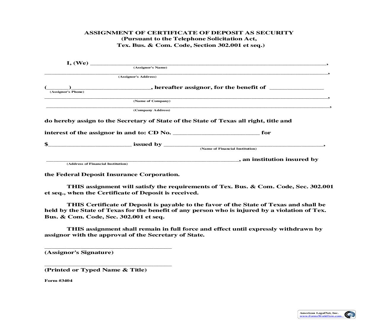 Assignment Of Certificate Of Deposit As Security {3404} | Pdf Fpdf Doc Docx | Texas