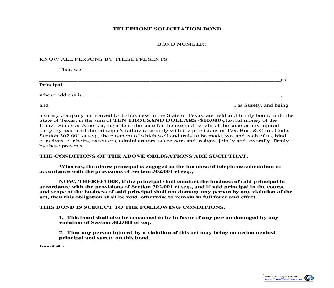 Telephone Solicitation Bond {3403} | Pdf Fpdf Doc Docx | Texas