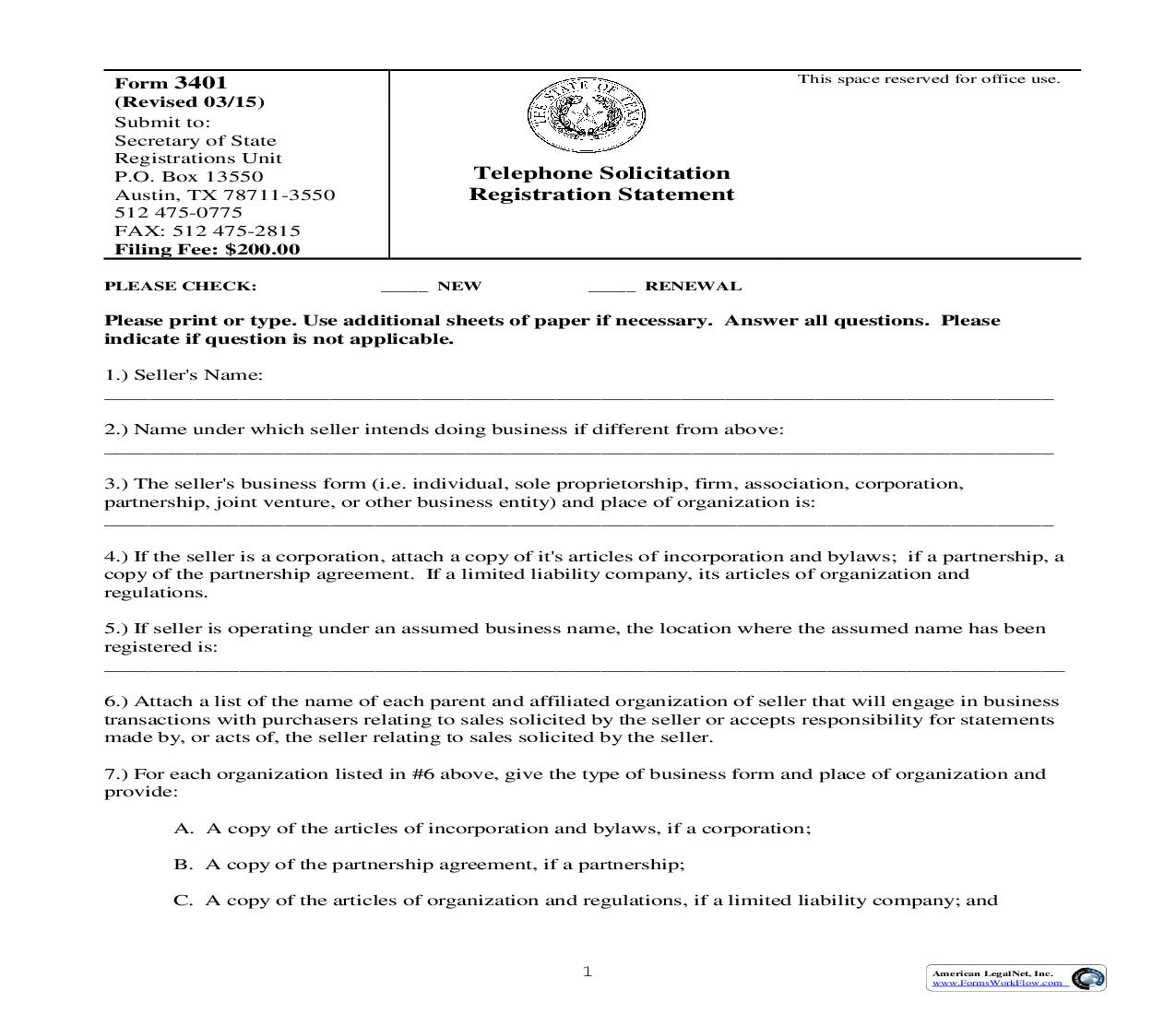 Telephone Solicitation Registration Statement {3401} | Pdf Fpdf Doc Docx | Texas
