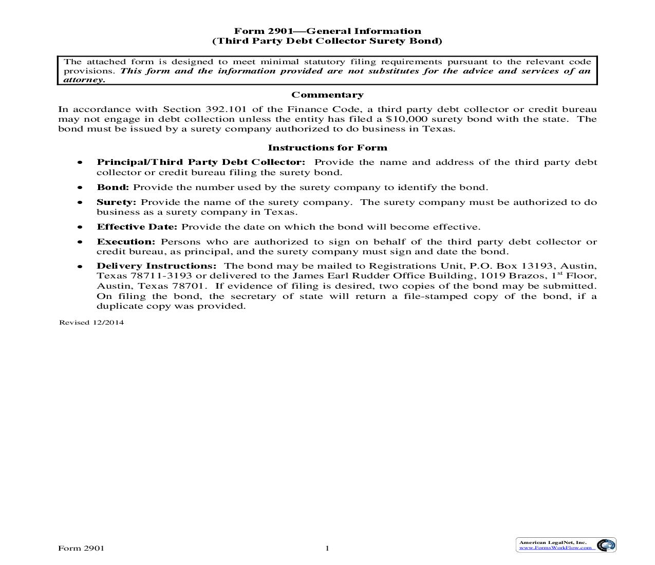 Third Party Debt Collector Surety Bond {2901} | Pdf Fpdf Doc Docx | Texas