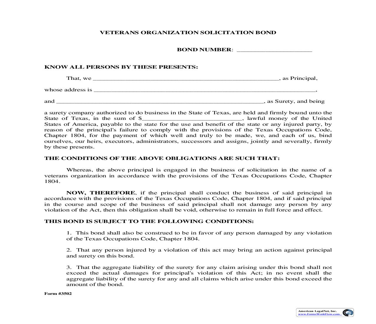 Veterans Organization Solicitation Bond {3502} | Pdf Fpdf Doc Docx | Texas