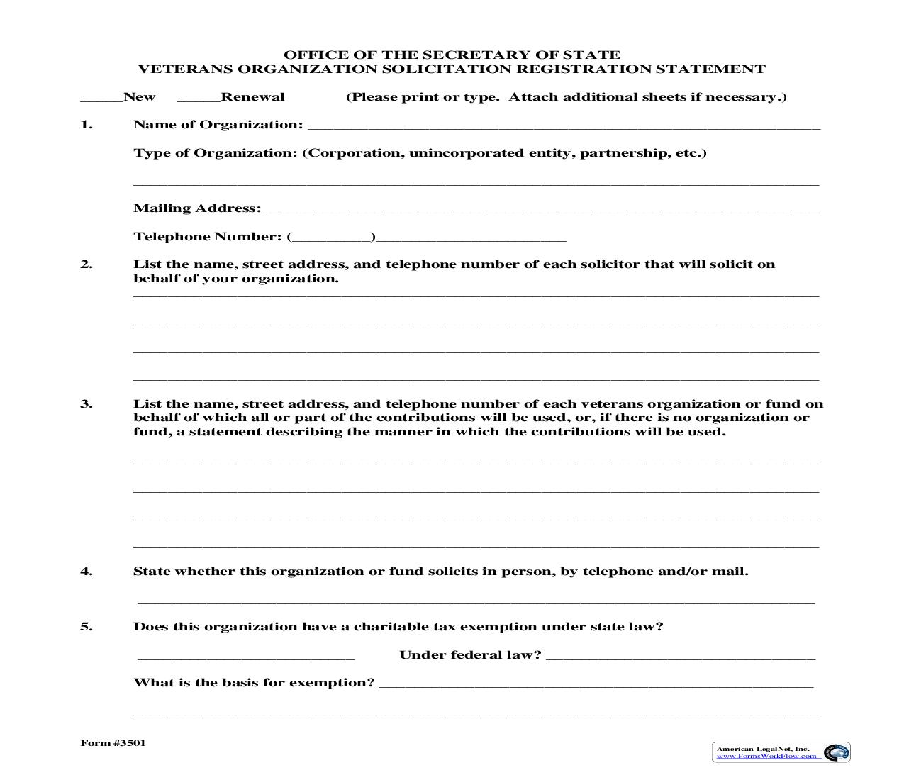 Veterans Organization Solicitation Registration Statement {3501} | Pdf Fpdf Doc Docx | Texas