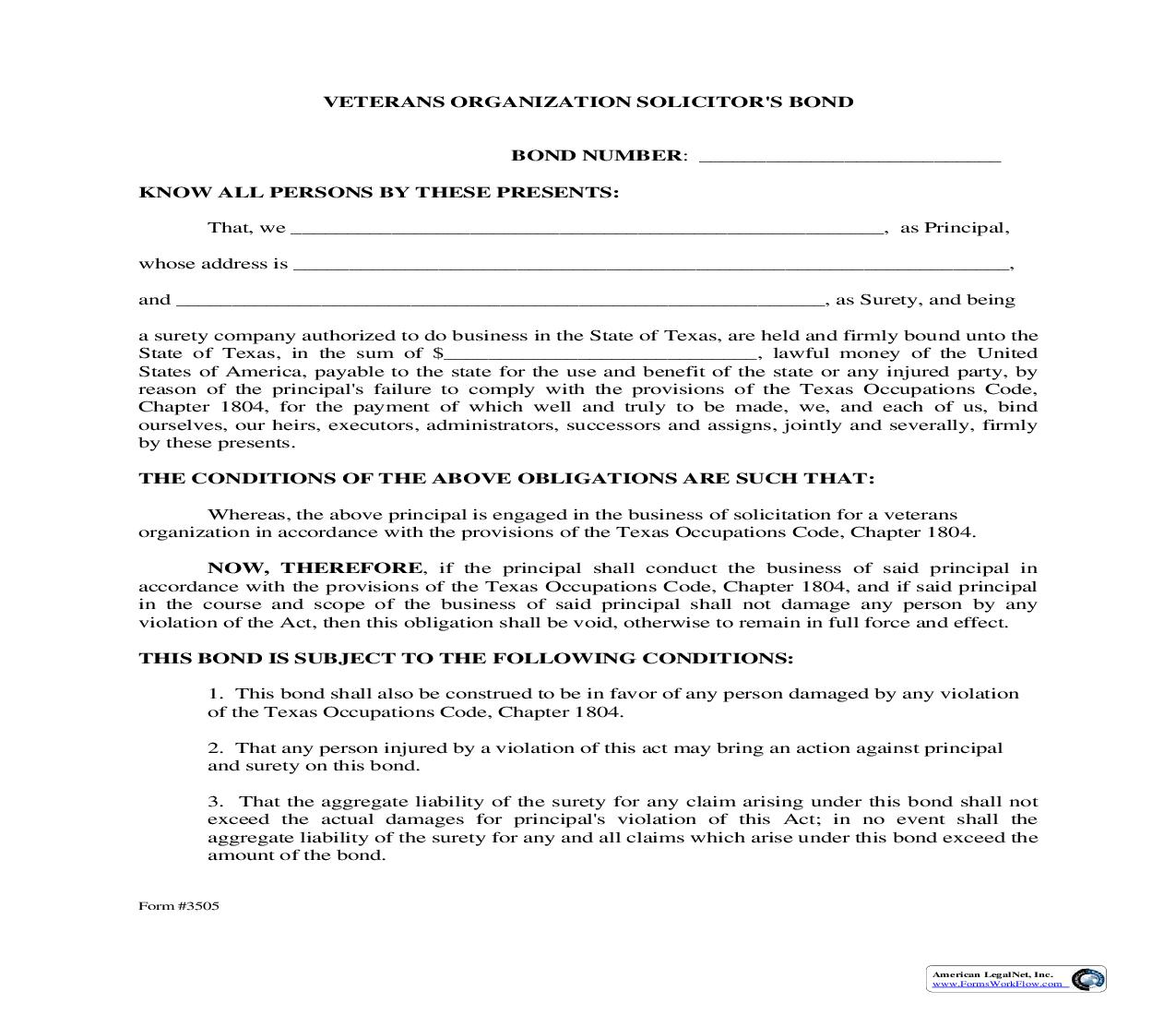 Veterans Organization Solicitors Bond {3505} | Pdf Fpdf Doc Docx | Texas