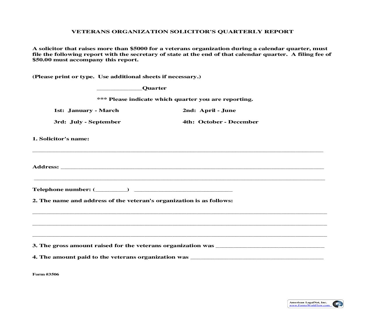 Veterans Organization Solicitors Quarterly Report {3506} | Pdf Fpdf Doc Docx | Texas