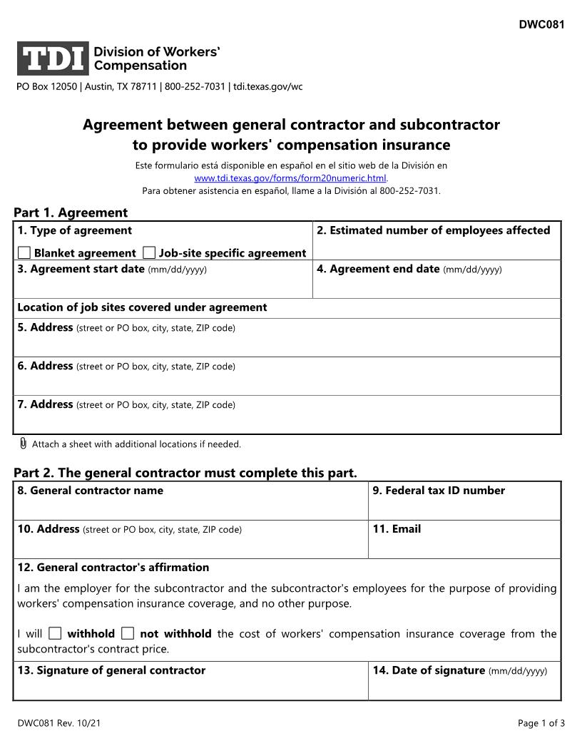Agreement Between General Contractor And Subcontractor {DWC-81} | Pdf Fpdf Docx | Texas