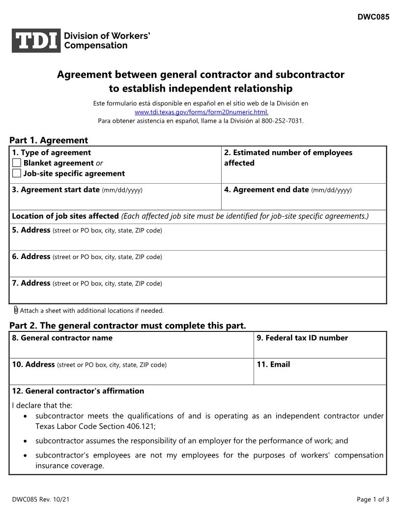 Agreement Between General Contractor And Subcontractor To Establish Independant Relationship {DWC-85} | Pdf Fpdf Docx | Texas