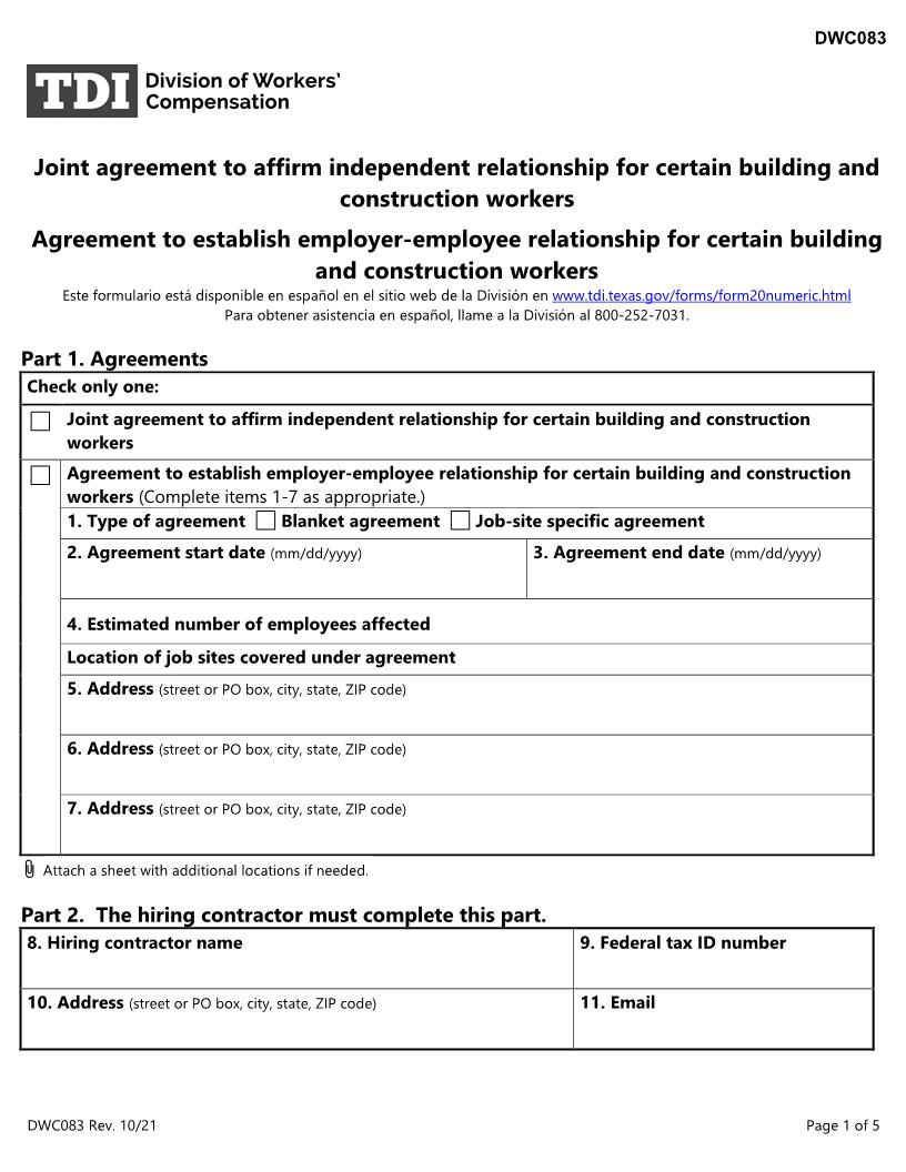 Agreement For Certain Building And Construction Workers {DWC-83} | Pdf Fpdf Docx | Texas