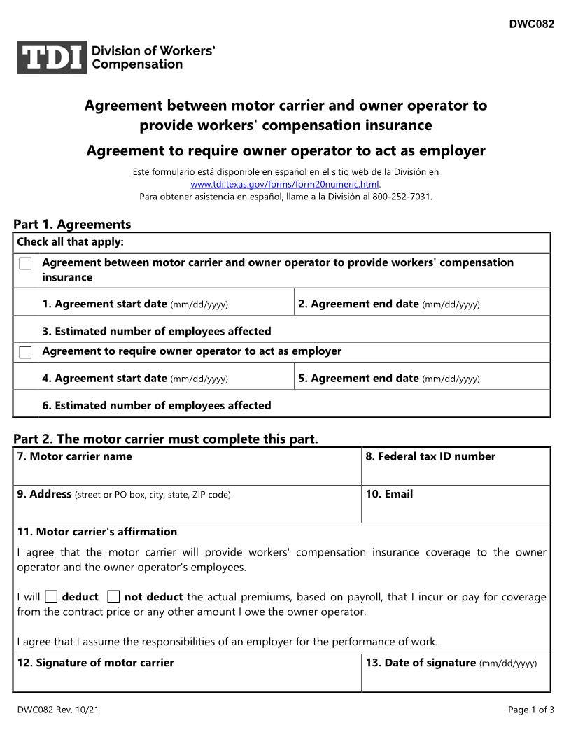 Agreement For Motor Cariers And Owner Operators {DWC-82} | Pdf Fpdf Docx | Texas