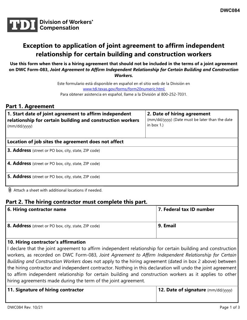 Exception To Application For Building And Construction Workers {DWC-84} | Pdf Fpdf Docx | Texas