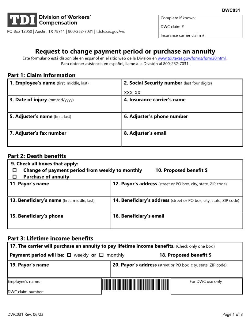 Application For Division Approval Of Change In Payment Period {DWC-31} | Pdf Fpdf Doc Docx | Texas