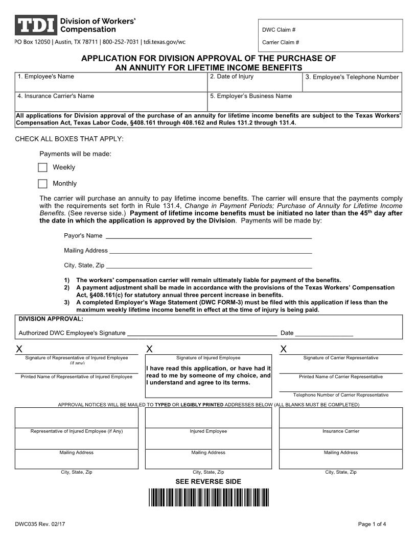 Application For Division Approval Of Purchase Of Annuity For Lifetime Income Benefits {DWC-35} | Pdf Fpdf Doc Docx | Texas