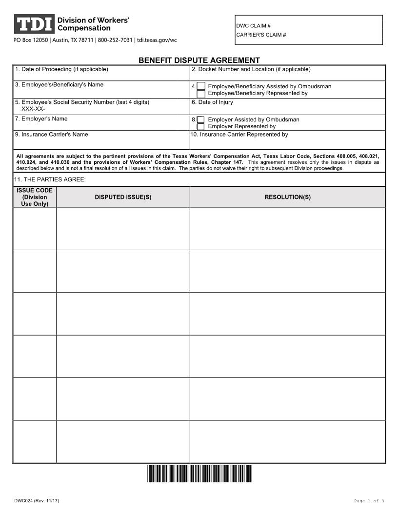 Benefit Dispute Agreement {DWC-24} | Pdf Fpdf Docx | Texas