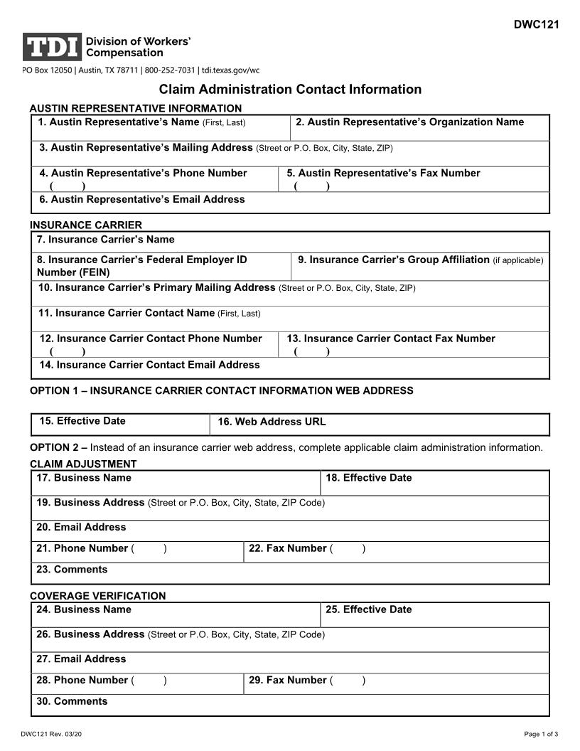 Claim Administration Contact Information {DWC-121} | Pdf Fpdf Docx | Texas