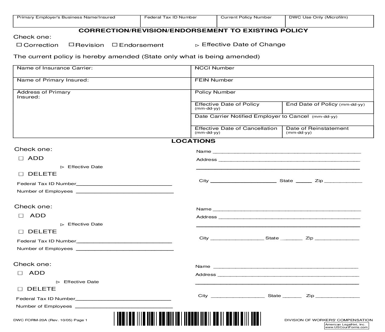 Correction-Revision-Endorsement To Existing Policy {DWC-20A} | Pdf Fpdf Doc Docx | Texas