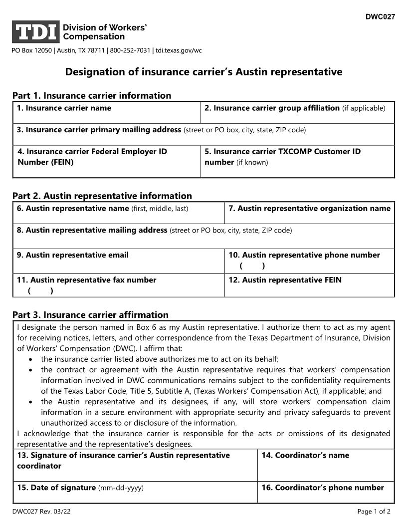 Designation Of Insurance Carriers Austin Representative {DWC-27} | Pdf Fpdf Doc Docx | Texas