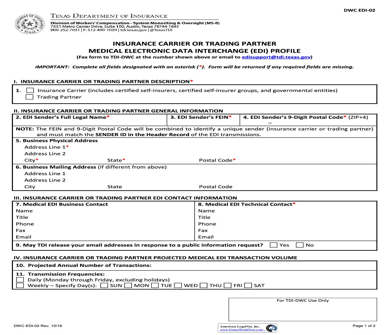 Insurance Carrier Or Trading Partner Medical Electronic Data Interchange (EDI) Profile {EDI-02} | Pdf Fpdf Doc Docx | Texas