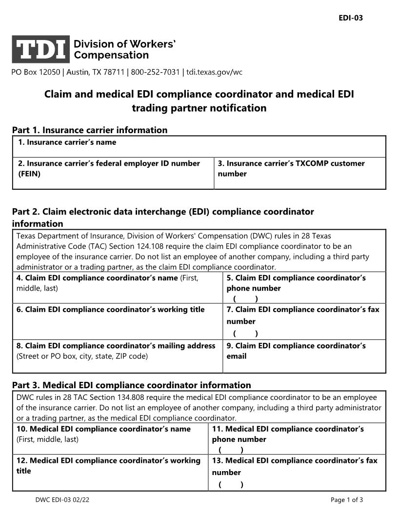Medical EDI Compliance Coordinator And Trading Partner Notification {EDI-03} | Pdf Fpdf Doc Docx | Texas