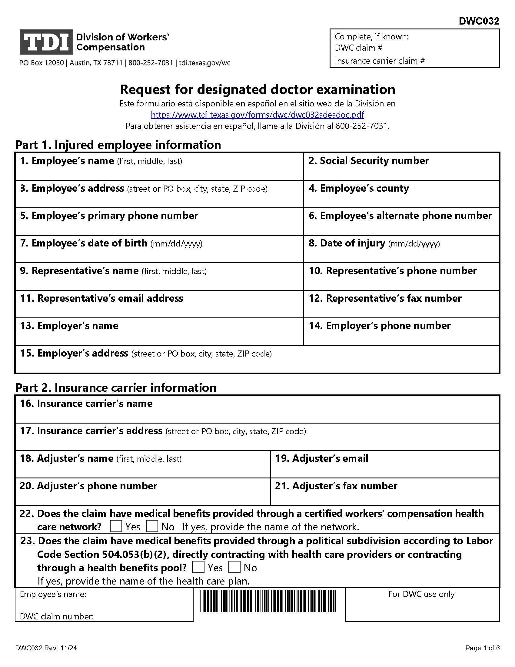 Request For Designated Doctor Examination {DWC-32} | Pdf Fpdf Docx | Texas