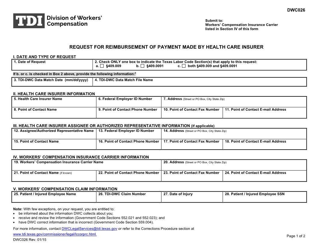 Request For Reimbursement Of Payment Made By Health Care Insurer {DWC-26} | Pdf Fpdf Doc Docx | Texas