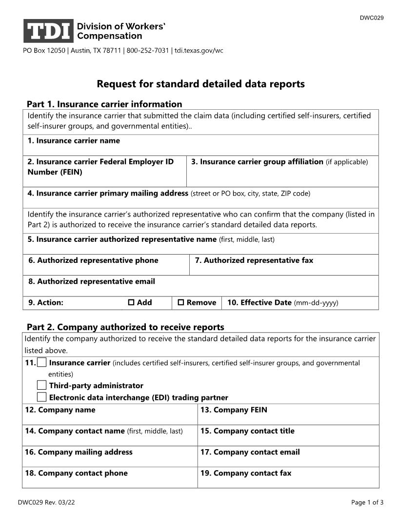 Request For Standard Detailed Data Reports {DWC-29} | Pdf Fpdf Docx | Texas