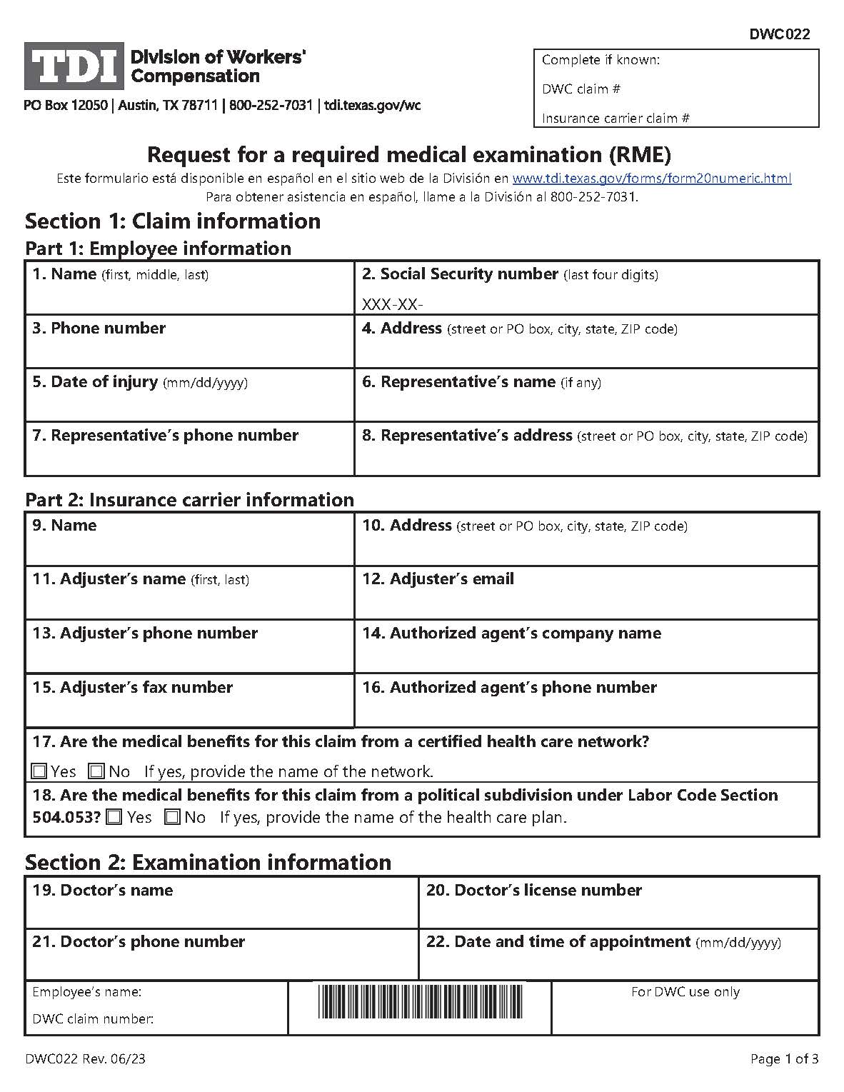 Required Medical Examination Notice Or Request For Order {DWC-22} | Pdf Fpdf Doc Docx | Texas
