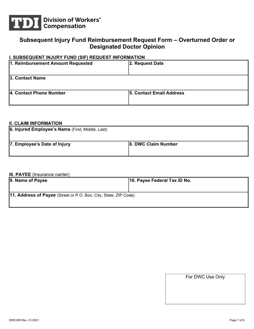 SIF Reimbursement Request Overturned Order Or Designated Doctor Order {DWC-95} | Pdf Fpdf Docx | Texas