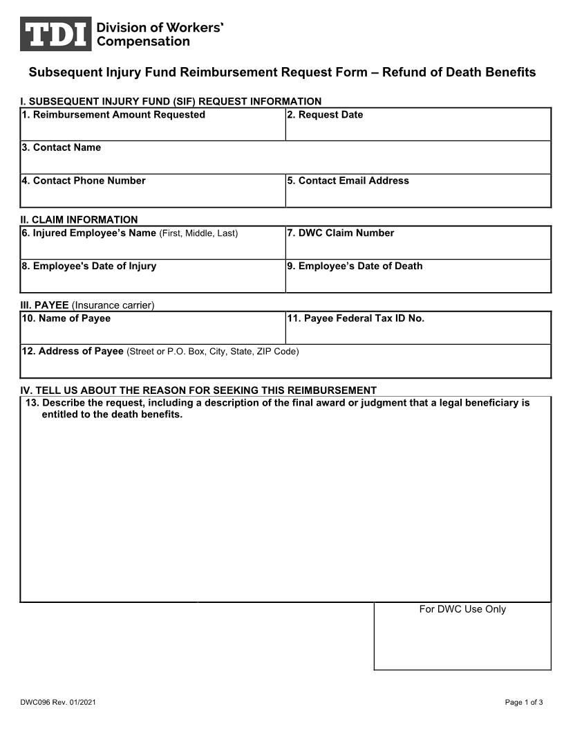 SIF Reimbursement Request Refund Of Death Benefits {DWC-96} | Pdf Fpdf Docx | Texas