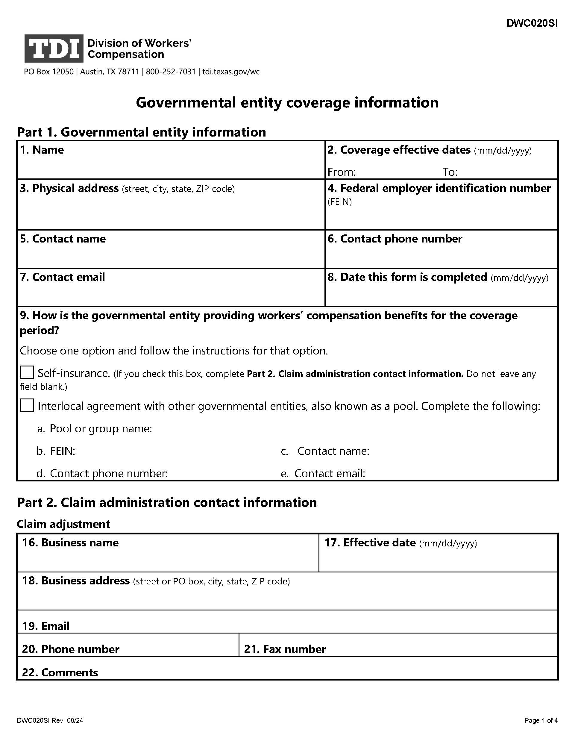 Self Insured Governmental Entity Coverage Information {DWC-20SI} | Pdf Fpdf Doc Docx | Texas