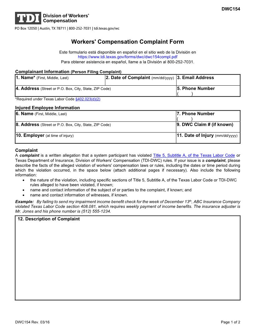 Workers Compensation Complaint Form {DWC-154} | Pdf Fpdf Docx | Texas