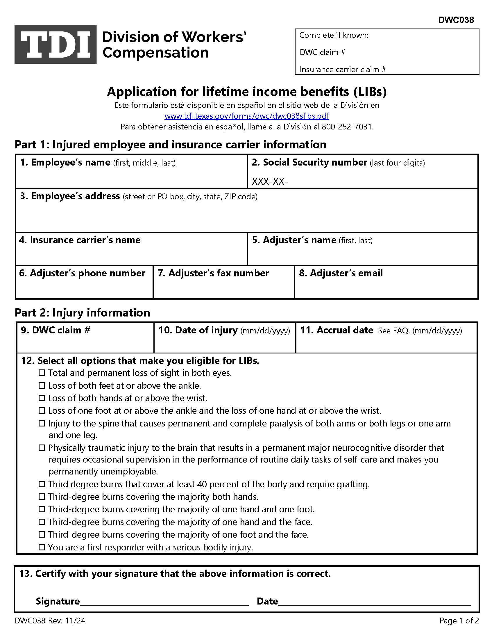 Application For Lifetime Income Benefits (LIBs) {DWC-38} | Pdf Fpdf Docx | Texas