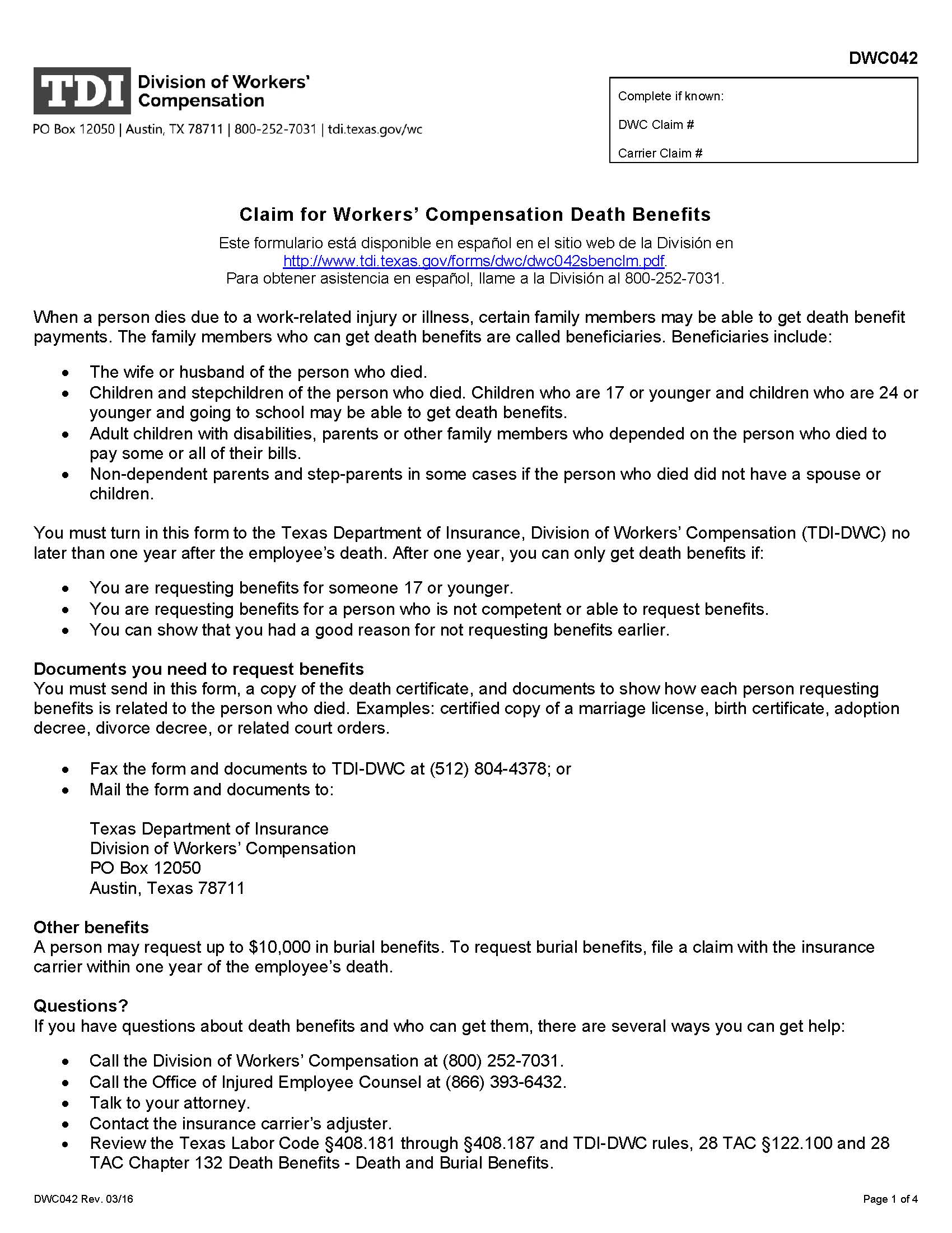 Claim For Workers Compensation Death Benefits {DWC-42} | Pdf Fpdf Doc Docx | Texas